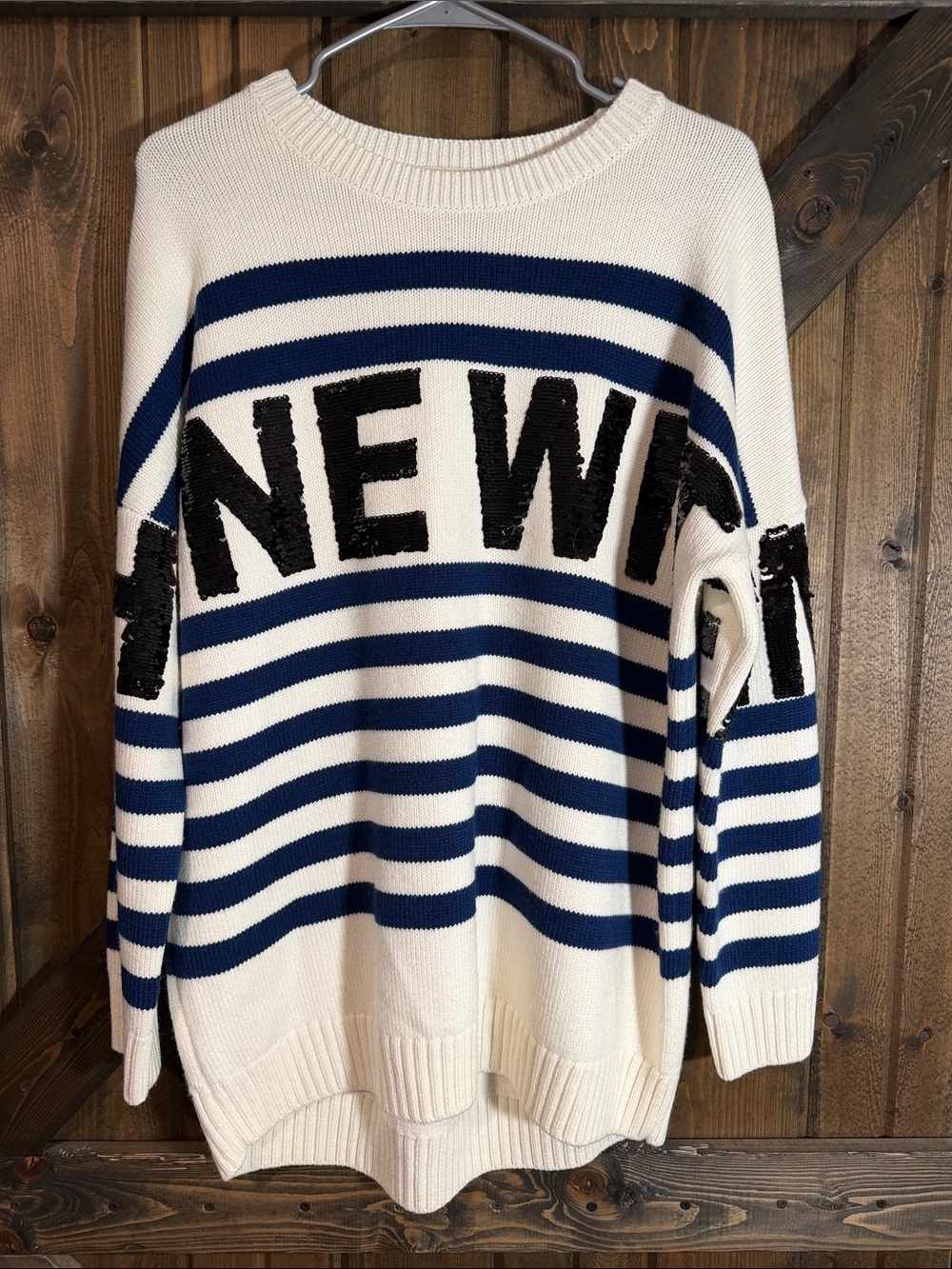 Maje Cream & Navy Striped Crewneck Sweater with Black 'SHINE WITH ME’ Lettering